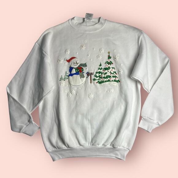 Vtg Sweatshirt Adult Large Crewneck Snowman Grandma Sweater Winter White Puffy - Picture 1 of 5